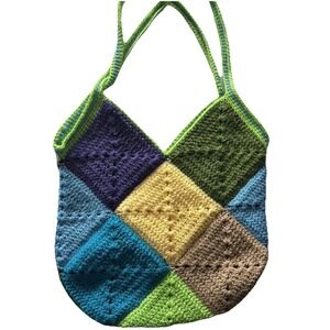 Hand Crafted Crocheted Granny Square Tote Bag Purse Hippie Bohemian‎ Festival